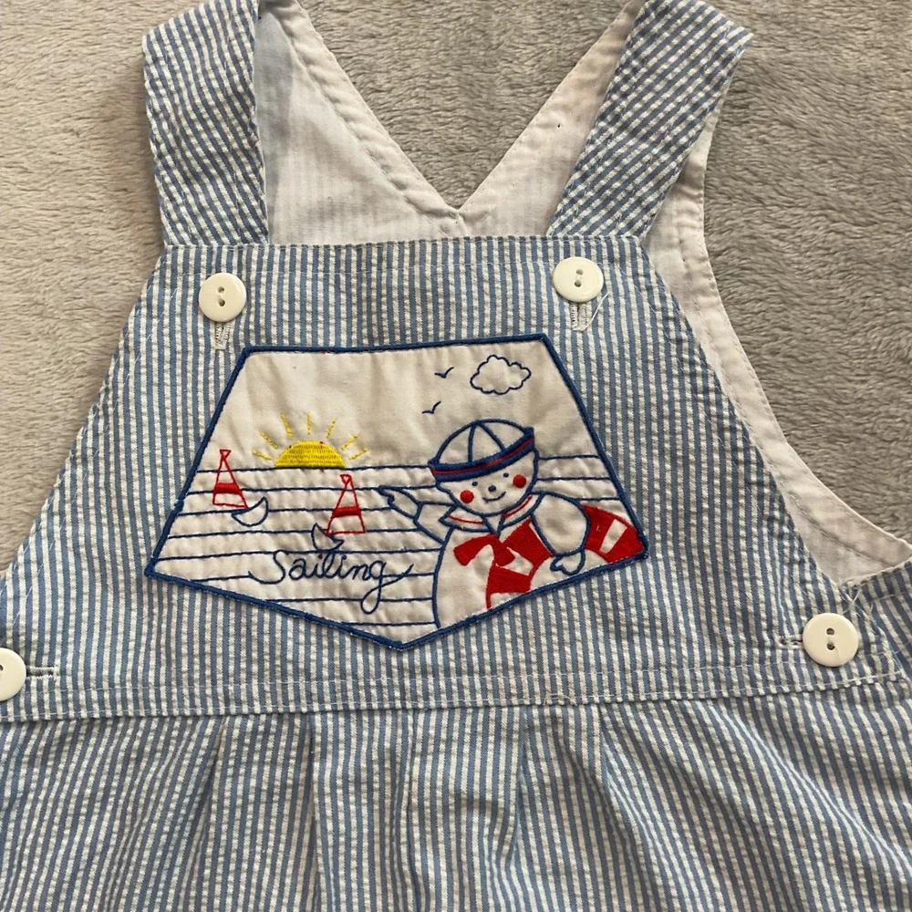 Vintage Blue White Seersucker Nautical Sailing Shortalls 24 Months Pinstripe